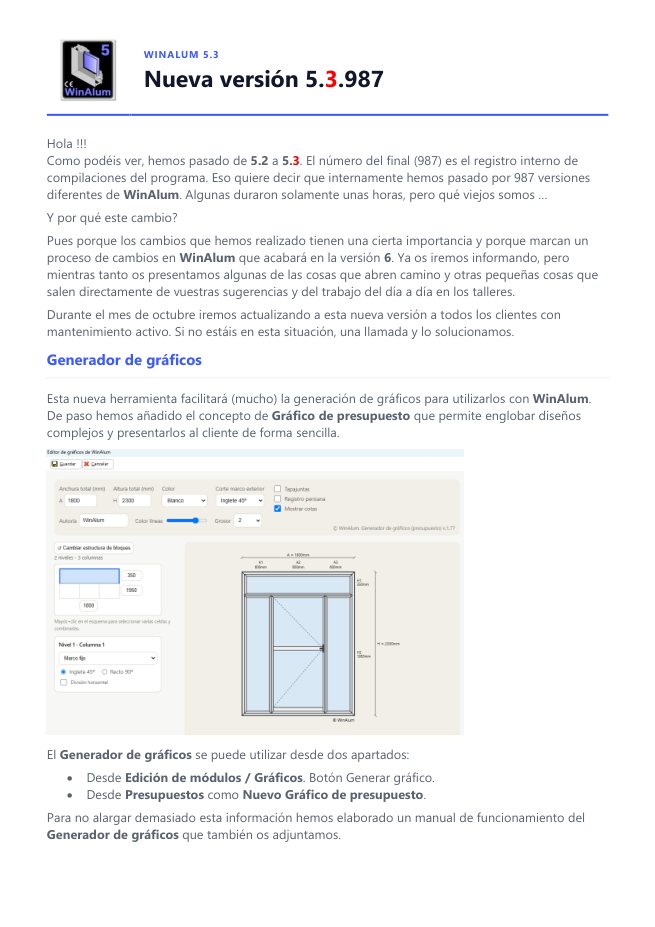 Primera pàgina del PDF «Nueva versión 5.3.987» de WinAlum
